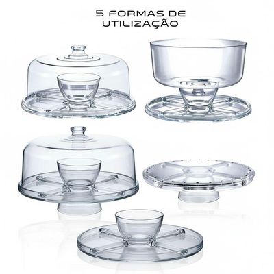 Boleira 5 Em 1 Vira Petisqueira Vidro Com Tampa Transparente Centro De Mesa 30cm Haüskraft