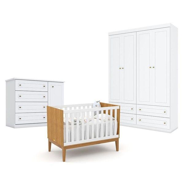 Quarto De Bebê Americano 4 Portas Com Berço Americano Unique Freijó Branco Soft Eco Wood - Matic - Henn