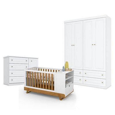 Quarto De Bebê Americano 4 Portas Com Berço Multifuncional Bkids Branco Freijó Eco Wood - Matic - Henn