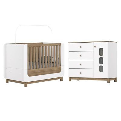 Jogo De Quarto Infantil Aconchego Com Cômoda E Berço Branco/jequitibá - Móveis Henn Branco/jequitibá
