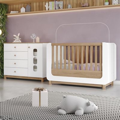 Jogo De Quarto Infantil Aconchego Com Cômoda E Berço Branco/jequitibá - Móveis Henn Branco/jequitibá