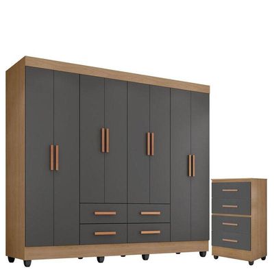 Guarda Roupa Casal Porto Com Cômoda Lite 4 Gavetas Nature Cinza - Móveis Leão