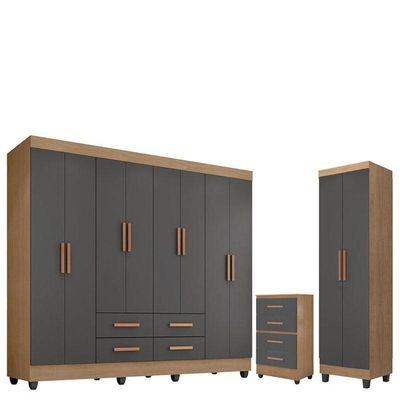 Guarda Roupa Casal Porto Com Cômoda Lite 4 Gavetas E Armário Multiuso Lite Nature Cinza - Móveis Leão