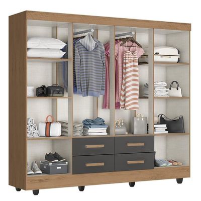 Guarda Roupa Casal Porto Com Cômoda Lite 4 Gavetas E Armário Multiuso Lite Nature Cinza - Móveis Leão