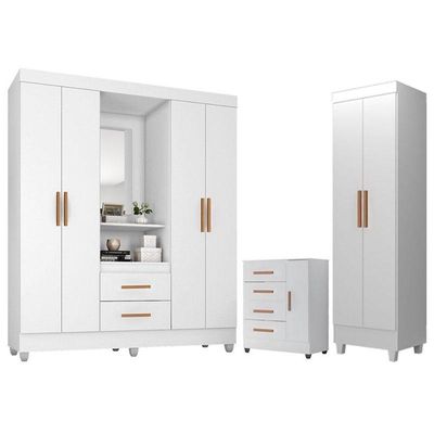 Guarda Roupa Casal Capela Com Cômoda 4 Gavetas 1 Porta E Armário Multiuso Lite Branco Brilho - Móveis Leão