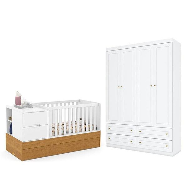 Berço Americano Multifuncional Formare Branco Freijó - Matic E Guarda Roupa Infantil Americano 4 Porta Branco Hp - Henn