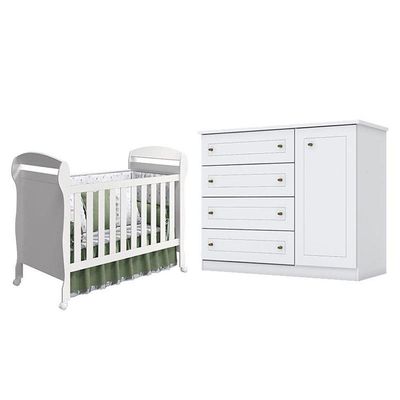 Berço Americano Danny Branco Acetinado Reller E Cômoda Infantil Americano Branco Hp - Henn.