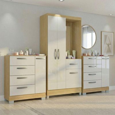Kit Guarda Roupa Atlas 3 Portas E 2 Cômoda Poquema Damasco/off White