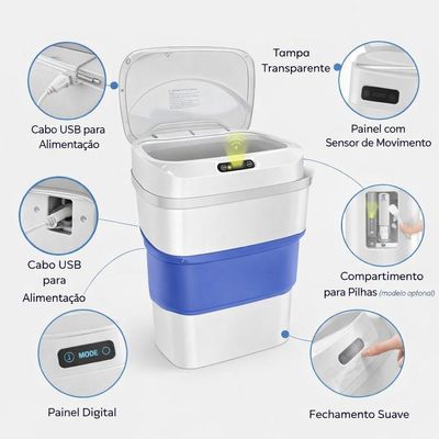 Lixeira Inteligente Automática Dobrável Com Sensor De Movimento Higiênica