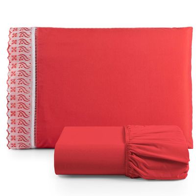 Jogo de Lençol Solteiro 2 Pçs Basic Percal 180 Fios Lese Bordado Inglês - Vermelho