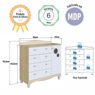 Cômoda Infantil 4 Gavetas 1 Porta Encanto Carvalho e Branco Completa Móveis