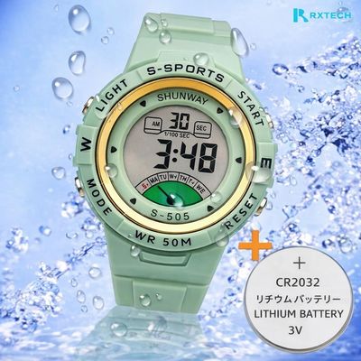Relógio Digital Esportivo Shunway S-505 Verde-Água e Dourado - Tudo em Caixa