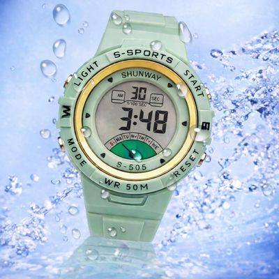 Relógio Digital Esportivo Shunway S-505 Verde-Água e Dourado - Tudo em Caixa