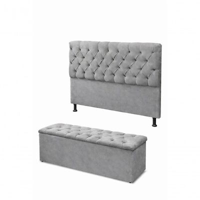 Kit Cabeceira De Cama Box Com Calçadeira Baú Mirage Capitonê Casal 140 Cm Suede Cinza Eli Móveis E Decoração