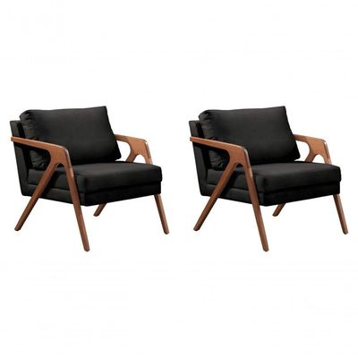 Kit 02 Poltronas Decorativa Mona Luxo Base De Madeira Maciça Sala Recepção Veludo Preto Eli Móveis E Decoração