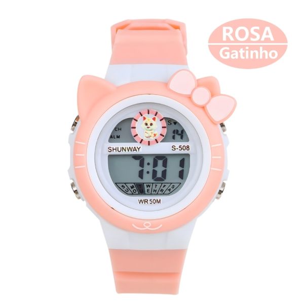 Relógio Infantil Rosa Gatinho com LED – Digital, Resistente - Tudo em Caixa