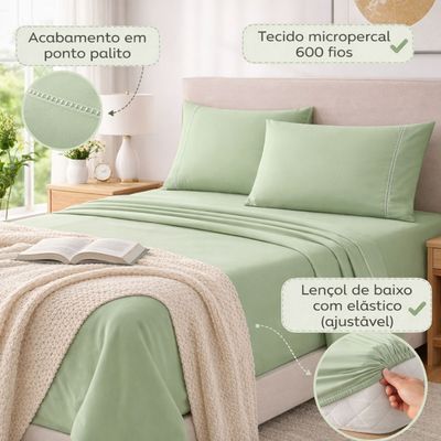 Jogo de Lençol Queen Premium Soft 600 Fios Micropercal Verde Ponto Palito Toque Macio 4 Peças