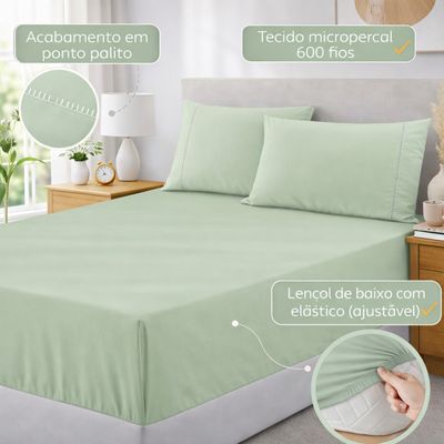 Jogo de Lençol Casal Padrão Premium Soft 600 Fios Micropercal Verde Ponto Palito Toque Macio 3 Peças