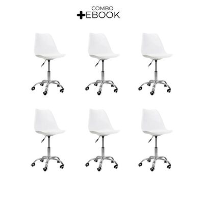 Kit 6 Cadeiras Office Base Cromada Com Rodizio Giratória Saarinen Branco