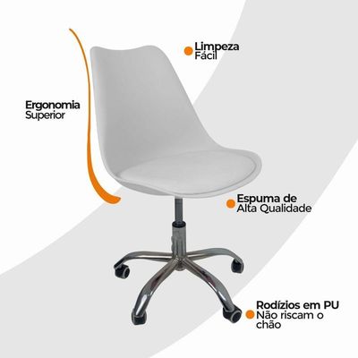 Kit 6 Cadeiras Office Base Cromada Com Rodizio Giratória Saarinen Branco