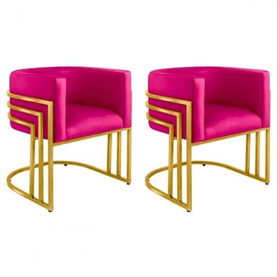 Kit 02 Cadeiras Poltrona Luxo Base De Metal Tripla Dourado Sala De Jantar Recepção Veludo Pink Eli Móveis E Decoração