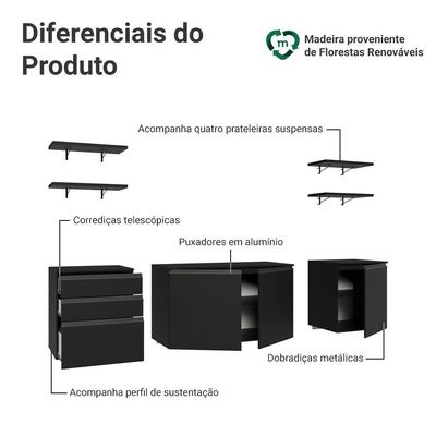 Armário De Cozinha Completa 240 Cm Suspenso Preto Nice Madesa 10 Preto