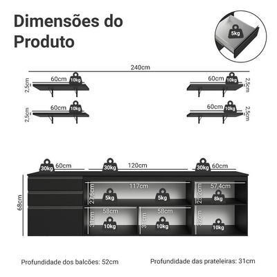Armário De Cozinha Completa 240 Cm Suspenso Preto Nice Madesa 10 Preto