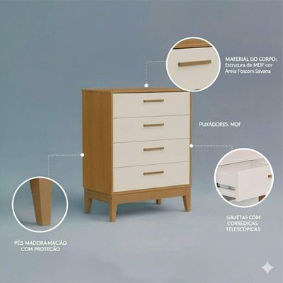 Comoda Gaveteira Flip 4 Gavetas Areia Fosco Com Savana