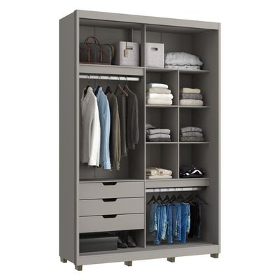 Guarda-roupa Solteiro Com Espelho 2 Portas Correr 3 Gavetas 150cm Multimóveis Cr35399 Cinza