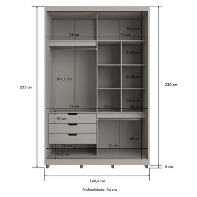 Guarda-roupa Solteiro Com Espelho 2 Portas Correr 3 Gavetas 150cm Multimóveis Cr35399 Cinza
