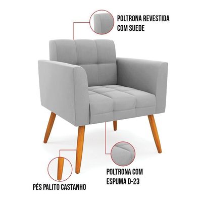 Kit 1 Sofá Namoradeira E 1 Poltrona Elisa Suede Cinza Pés Palito Castanho - D'rossi
