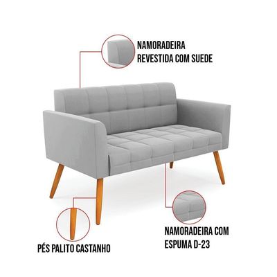 Kit 1 Sofá Namoradeira E 1 Poltrona Elisa Suede Cinza Pés Palito Castanho - D'rossi