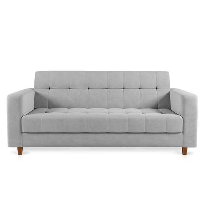 Sofá 03 Lugares Suede Cinza Pés Chanfrado Castanho