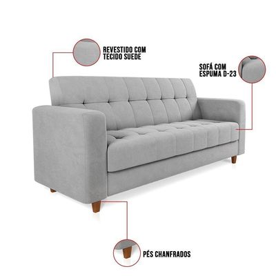 Sofá 03 Lugares Suede Cinza Pés Chanfrado Castanho