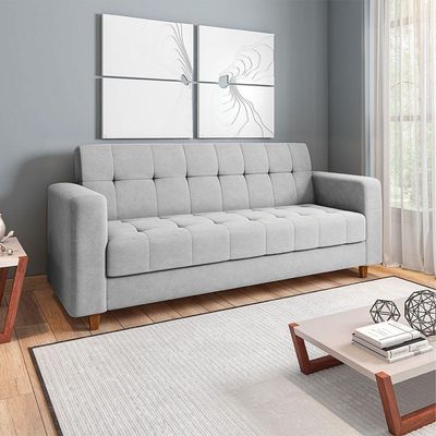 Sofá 03 Lugares Suede Cinza Pés Chanfrado Castanho