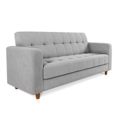 Sofá 03 Lugares Suede Pés Chanfrado Castanho Cor Cinza
