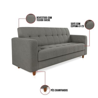 Sofá 03 Lugares Arezzo Suede Grafite Pés Chanfrado Castanho