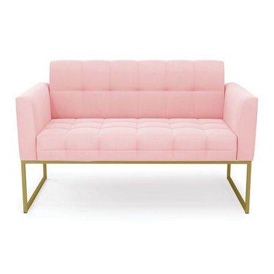 Sofá Namoradeira Elisa Suede Rosa Bebê Base Metálica Industrial Dourada - D'rossi