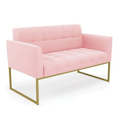 Sofá Namoradeira Elisa Suede Rosa Bebê Base Metálica Industrial Dourada - D'rossi