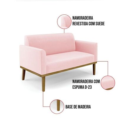 Sofá Namoradeira Base De Madeira Fixa Castanho Marisa Suede D03 - D?rossi Cor Rosa Bebê