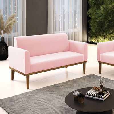 Sofá Namoradeira Base De Madeira Fixa Castanho Marisa Suede D03 - D?rossi Cor Rosa Bebê