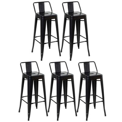 Kit 5 Banquetas Altas Industriais Pretas em Aço com Encosto