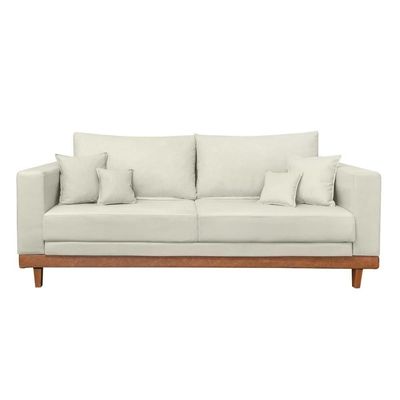 Sofá 3 Lugar Base Reforçada Madeira Tecido Suede + Almofada Bege
