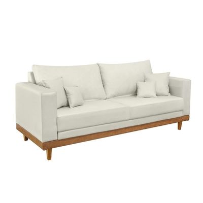 Sofá 3 Lugar Base Reforçada Madeira Tecido Suede + Almofada Bege