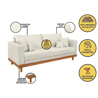 Sofá 3 Lugar Base Reforçada Madeira Tecido Suede + Almofada Bege