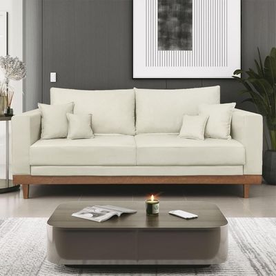 Sofá 3 Lugar Base Reforçada Madeira Tecido Suede + Almofada Bege