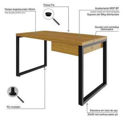 Mesa Operacional C-01gav. 135x70x75cm Yon - Acácia Mel-est.preta Acácia Mel-est.preta