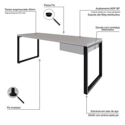 Mesa Presidente C-01 Gav. 190x70x75cm Yon - Off White-est.preta Off White-est.preta