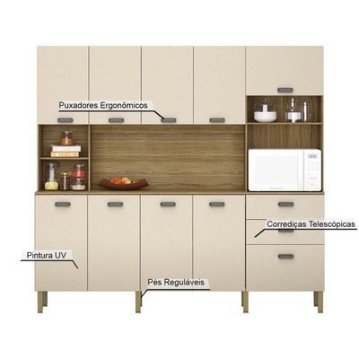 Armário de Cozinha Compacta Toronto 10 Portas 2 Gavetas MDF Freijó Vanilla