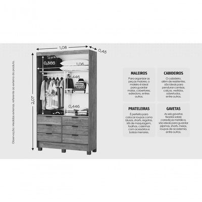 Guarda Roupa 6 Gavetas 2 Portas De Correr Sunset-grand Line